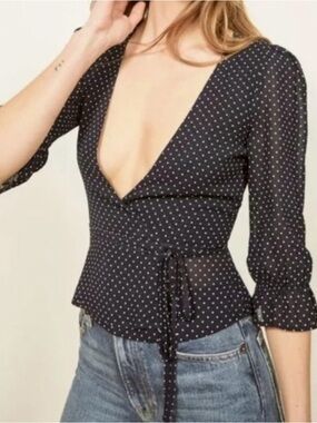 Reformation Black Polka Dot Deep V-Wrap Blouse